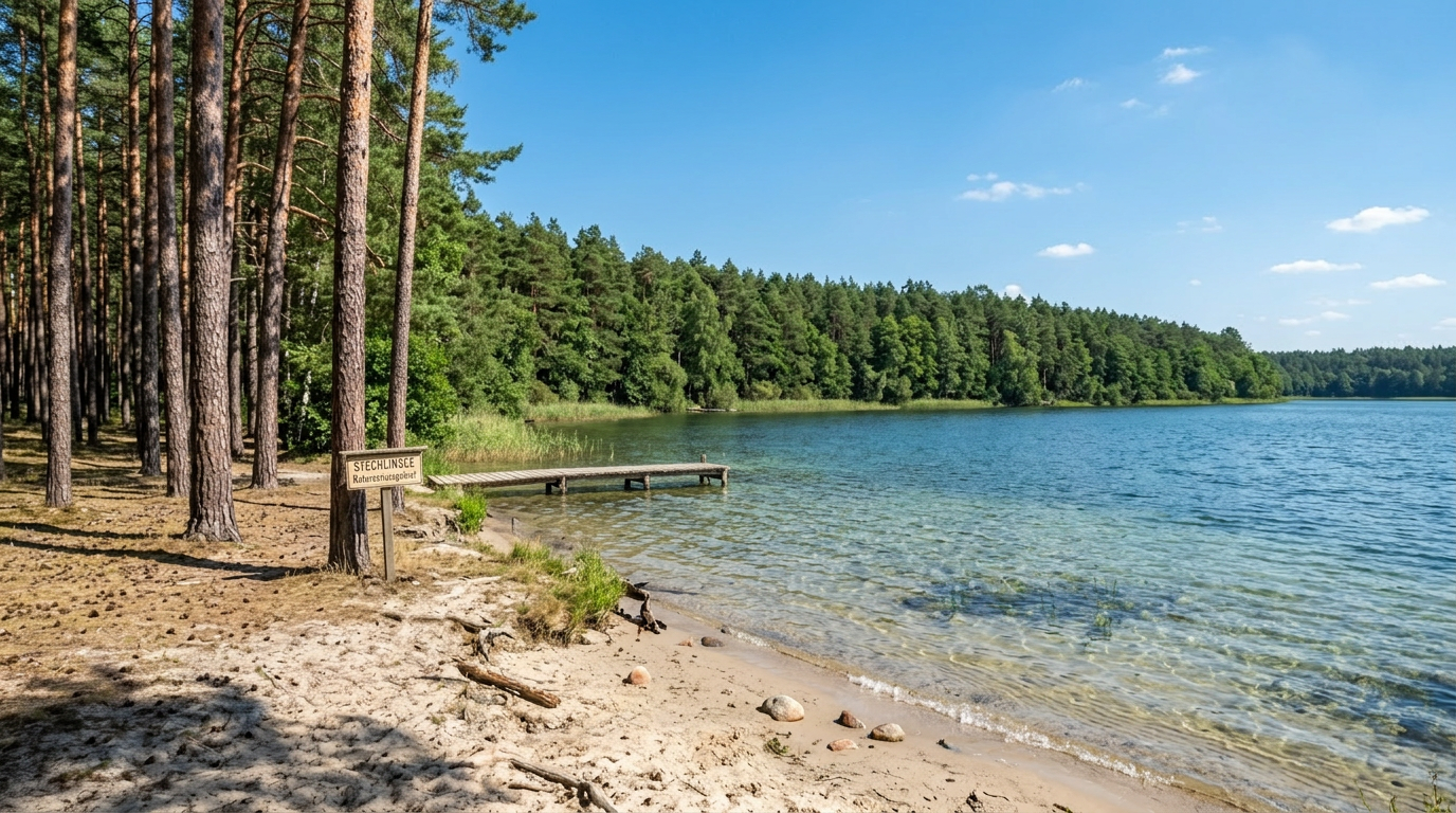 Serene forest lake with wooden pier Clear lake with sandy shore, pine trees, and a wooden pier extending into the water