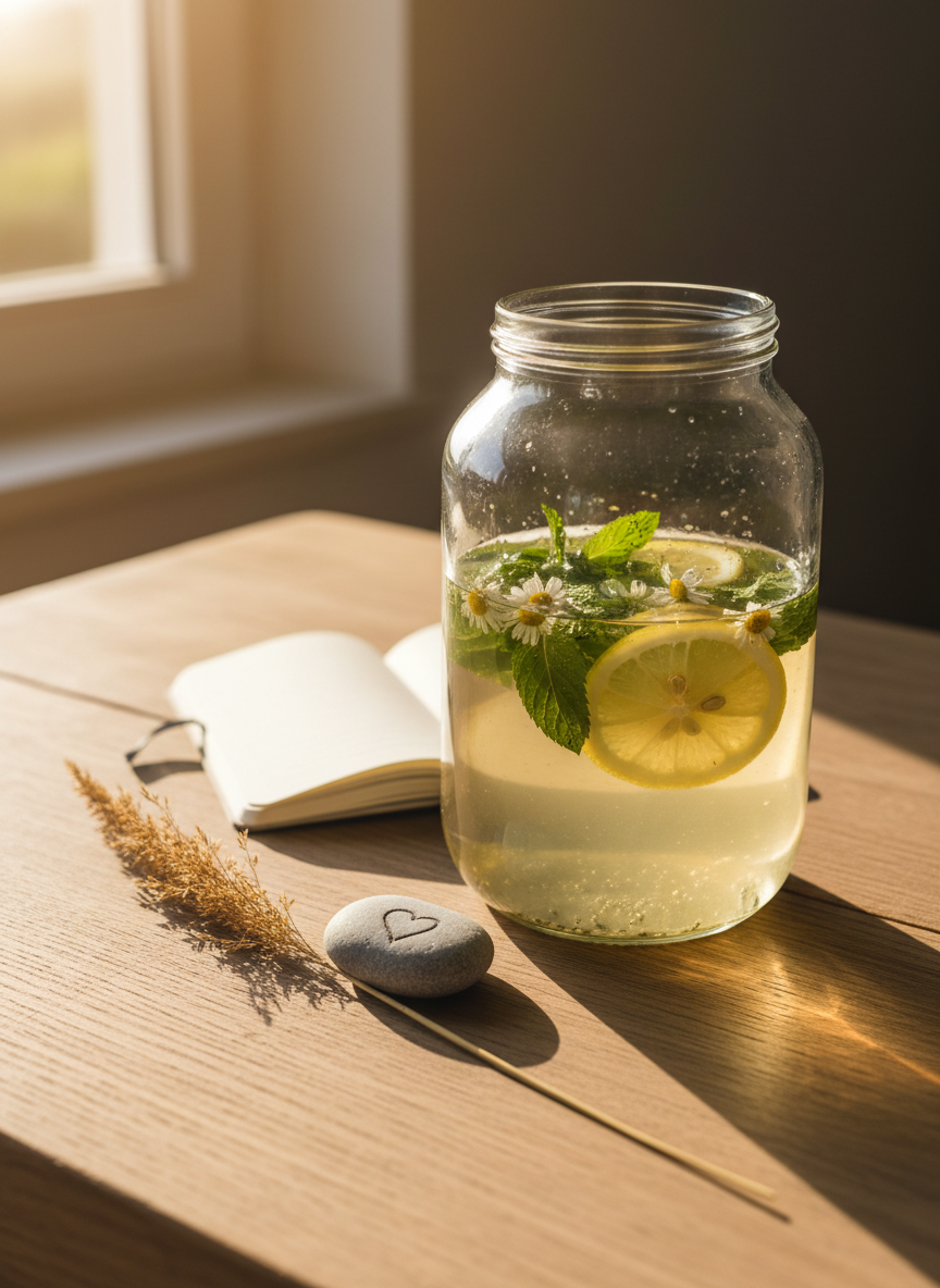 A wooden table set up for a fasting and yoga day on Rügen, its surface a weathered, pale oak with visible grain and soft edges. At the center stands a large glass jar of clear herbal tea infused with lemon, mint, and delicate chamomile blossoms, tiny bubbles clinging to the glass. Around it, a small notebook, a smooth river stone engraved with a simple heart, and a sprig of dune grass rest casually. Gentle late-morning light from a nearby window creates sparkling highlights on the glass and soft, elongated shadows. Photographic realism from a slightly elevated angle, with tight framing to keep the scene intimate. The mood is light, playful, and nurturing, suggesting mindful fasting breaks during a retreat.