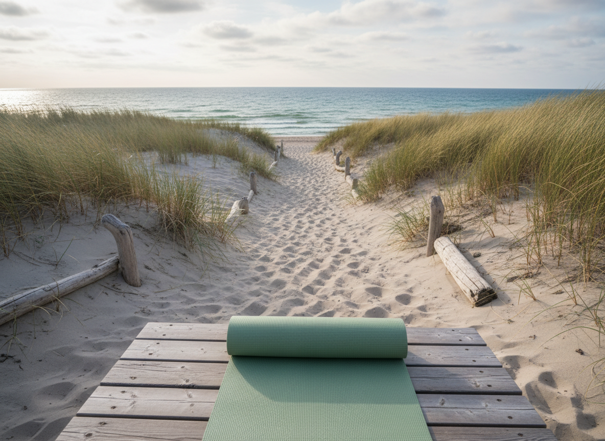 A long, winding sandy path through soft coastal dunes on Rügen, lined with tufts of wind-swept beach grass and dotted with smooth driftwood, leads toward a distant, shimmering Baltic Sea horizon. In the foreground, a sage-green yoga mat rests on a small wooden platform, its subtly textured surface catching the light. Overhead, the sky is painted with light morning clouds, and diffused sunlight creates soft, even illumination, with only the faintest shadows. Photographic realism captured from a low-angle perspective, giving a sense of depth and journey from the mat toward the sea. The composition feels open and expansive, calm yet playfully adventurous, evoking the spirit of yoga retreats and mindful coastal walks.