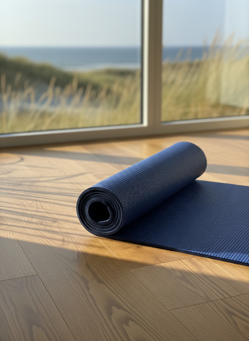 A neatly rolled, ocean-blue yoga mat with a fine, textured surface lies on warm, honey-colored wooden floorboards, slightly unrolled as if inviting use. In the background, a large window reveals a soft-focus glimpse of the Baltic Sea shoreline from Rügen, with dunes and tall grass hinted beyond the glass. Early morning natural light streams in, creating a gentle golden wash across the mat and floor, with playful, wavy shadows. Photographic realism at eye-level, shot with a shallow depth of field so the mat is in crisp focus and the seaside view melts into a calming blur. The mood is serene yet subtly playful, suggesting fresh beginnings and quiet strength in a clean, modern, nature-inspired space.