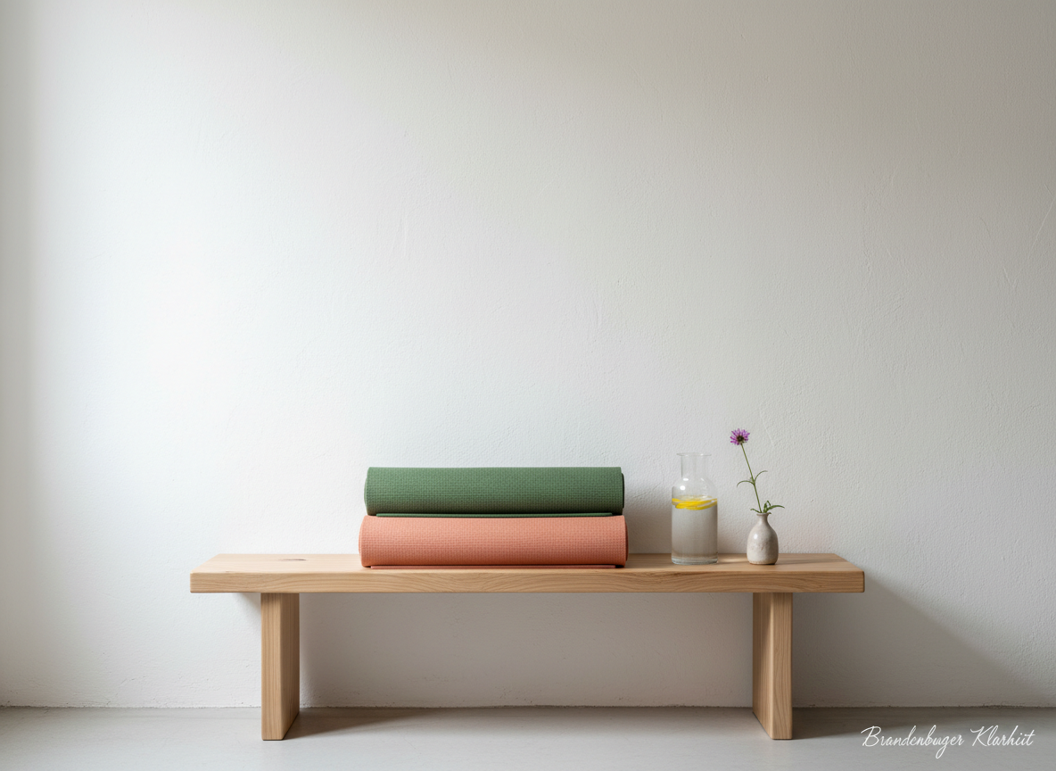 A minimalist retreat room featuring a simple, low wooden bench against a whitewashed wall, topped with a small stack of carefully aligned, earth-toned yoga mats: moss green, sandstone beige, and muted coral, each with subtle fabric-like texture. Beside them sits a glass carafe of lemon-infused water and a single wildflower in a tiny ceramic vase. Soft, overcast daylight flows in from an unseen window, creating gentle gradients of light across the surfaces and barely-there shadows. Photographic realism with a straight-on, eye-level composition and generous negative space, emphasizing calm and clarity. The mood is quietly uplifting and slightly playful, suggesting small, joyful rituals at the start of a yoga course or fasting week in Brandenburg.