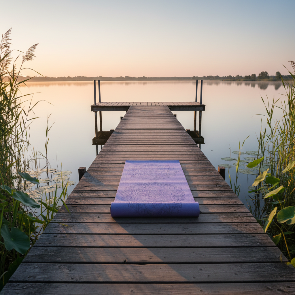 A tranquil Brandenburg lakeside pier at dawn, captured without people: a simple wooden platform extending into mirror-smooth water that reflects a pastel sky of soft pinks and pale blues. On the pier lies a single, unrolled lavender yoga mat with subtle mandala embossing, its surface slightly dewy and softly textured. Reeds and lily pads frame the edges of the lake, fading into a gentle blur. The first rays of sunrise cast a delicate, golden rim light on the mat and pier boards, with long, soft shadows stretching toward the viewer. Photographic realism with a centered composition and deep depth of field, creating a serene, almost meditative atmosphere that hints at early-morning yoga practice during a lakeside retreat.